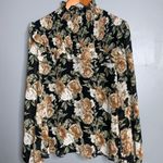 En Saison Black Cream & Olive Floral Long Sleeve Smock Ruffle Top Blouse Large Photo 1