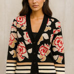 Missoni  Knit Cardigan 6 Italy Red Black Wool Viscose Floral Stripes Classic Photo 0