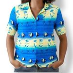 Vintage 90s Tropical Fish Print Shirt Blue Yellow Crinkle Button Front Top 14 Photo 0