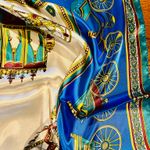 VINTAGE EQUESTRIAN horse&carriage ROYAL BLUE silky SCARF 35’/35’ inches Photo 2