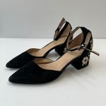 Franco Sarto  Sandal‎ Black Suede Floral Embroidered Ankle Strap Heels Womens  9M Photo 1