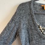 Tory Burch Sweater Grey Embellished Gamma V Neck Knit Sz M GUC Beaded Metal Neck Photo 4