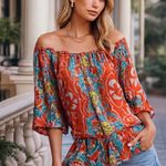 Hale Bob 100% Silk Floral Off Shoulder Cinch Waist Blouse S Photo 5