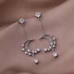 Women's Crystal Moon Star Dangle Drop Tassel Earrings Silver Photo 0
