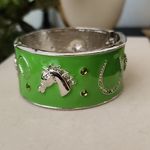 Vintage Silver Green Equestrian Horse Clamper / Hinge Bracelet Photo 1