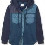 American Eagle AE Oversized Patchwork Denim Hoodie Shirt Jacket Photo 3