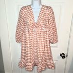Greylin  Dorothy Eyelet Daisy Tie Front Gingham Dress Tiered Peach White S NWT Photo 3