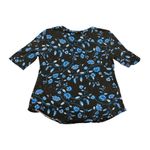 Rebecca Taylor  Kyoto Floral Black Blue Floral Short Sleeve Linen Round Neck Top Photo 2