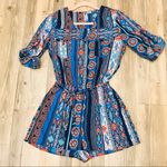 Mimi Chica Boutique Blue Orange Print Pocketed 3/4 Sleeve Buttoned Belted Romper … Photo 7