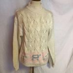 Vintage 80s Hand Knit Turtleneck Sweater | Cream Cable Knit Cottagecore Size M Photo 5