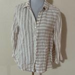 Jones New York  100% linen tan cream striped button front shirt SMALL Photo 6