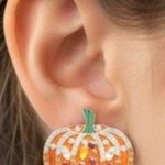 Pumpkin Earrings New Rhinestones Pierced Posts Thanksgiving Fall Festive Harvest Green Photo 0