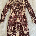 Main Strip  sequin bodycon mini dress, nude mesh with burgundy‎ beaded design L Photo 0