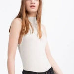 ZARA Top Womens Large White High Neck Ribbed Knit Zip Back Minimalist Blouse Photo 0