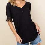 a.gain  Black Plus Size Lace Trimmed Short Sleeve Henley Top 1X 2X 3X Photo 0