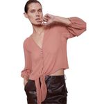 ZARA  Button-Down‎ Blouse Tie-Front Long Sleeve Textured Salmon Pink M Photo 4