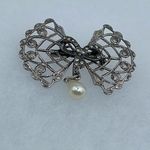 Vintage Bow & rhinestone ribbon with dangle faux pearl. Silver Photo 8