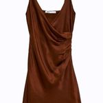 ZARA  SATIN MINI V-NECK DRESS WITH SIDE RUCHING BROWN SIZE XL NEW Photo 5