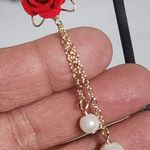 Gold with Velvet Red Rose Flower and Pearls Danglr Drop Earrings Photo 3