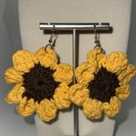 Sunflower Crochet Earrings Pierced w French Hooks Yellow & Brown Photo 0