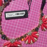 Ann Taylor orange pink flower necklace good tone black white crystals soft chain Photo 3