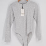 ZARA NEW  Long Sleeve Bodysuit Heather Grey Women L Cotton Jersey Snap Fitted Top Photo 0
