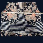 CAbi  Sleeveless Ruffle Neck Blouse Navy Blue Paisley Stripe Print Size XS Photo 6