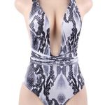Boss Babe Collection NWT Plunging Sexy Snake Skin One Piece Swimsuit Beach M White Size M Photo 2