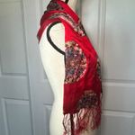 Vintage Chinese Red Silk Brocade Fringe Scarf Wrap Dragon Longevity Medallion Photo 1