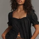 Anthropologie Black Eyelet Lace Square Neck Puff Sleeve Milkmaid Cottage Top XS Photo 0