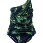 ALBION FIT Rio One Shoulder Swimsuit Size Small Black Green Tropical One Piece Photo 1