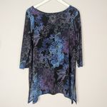 CLARA SUN WOO Black and Purple Floral Slinky Knit Tunic Top Large 3/4 sleeve Photo 1