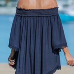 Cupshe NWT Navy Off Shoulder Asymmetrical Hem Smocked Cover-Up Dress Medium Photo 0