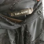 ZARA  Jacquard Fringe Lined Midi Dress ShortSleeve Keyhole S Dark Navy Blue #3101 Photo 5