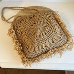MW Tan Natural Fiber Straw Fringe Raffa Crochet Square Tote Shoulder Bag Photo 5