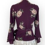 Timing Burgundy floral wrap top, ladies small bell flare sleeve V-neck bohemian blouse Photo 1
