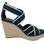 Tory Burch Frieda Green Navy White Stripe Canvas Leather Espadrilles size 9.5 Photo 11