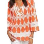 Crown & Ivy Orange & White Geo Print Crochet Detail Peasant Blouse Size XL Photo 0