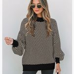 Zesica Chevron Stripe Lantern Sleeve Mock Neck Sweater Tan Black Large Photo 1