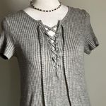 Roxy New Ribbed Lace Up V-Neck Heather Gray Short Sleeve Tee Shirt Mini Dress Photo 1