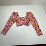 Something Navy Puff Sleeve Floral Crop Top Womens Size XXS Linen Blend NEW Photo 2