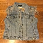Rhinestone Fringe Denim Jacket Sleeveless Collared washed blue size S Photo 6