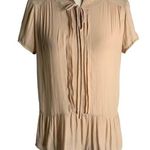 Ro & De  Pleated Peplum Blouse Top S Beige Short Sleeve High Low Hem Tie Neck Photo 0