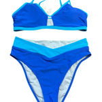 Cupshe  Bikini Set Women's Large Scoop Neck Cutout Mid Waist‎ Front V Blue NEW Photo 0