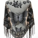 Black Bohemian Style Triangle Scarf Butterfly Flower lace design Embroidery Lace Tassel Shawl Photo 0