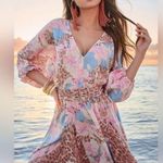 Venus Pink And Blue Floral Leopard Print Long Sleeve Belted Dress Photo 2
