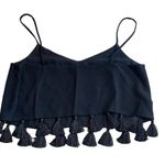 Club Monaco Women’s M Tassle Fringe Crop Tank Black Cami Strap Resortwear Beachy Photo 2