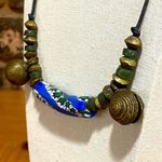 Green Jasper, bone and bronze trading beads vintage tribal necklace Blue Photo 2
