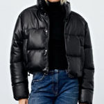ZARA  Black Faux Leather Puffer Jacket  XL Cropped Mock Neck Gorpcore Streetwear Photo 0