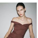 ZARA NWT matching 2 piece top/pants SET- brown pleated pants, off shoulder top Photo 1